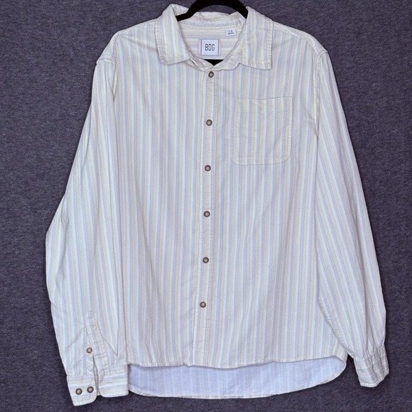 BDG Urban Outfitters Mens Large Button-Down Shirt Beige Stripe Long Sleeve - Picture 4 of 11